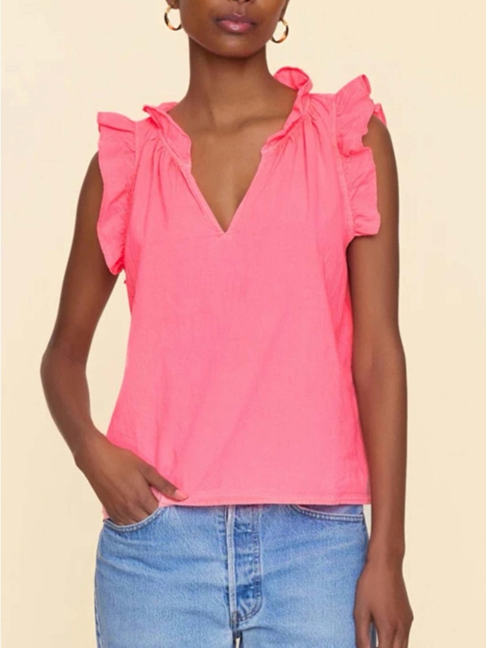 XiRENA Coral Pink Bex Ruffle Sleeve V-Neck Blouse